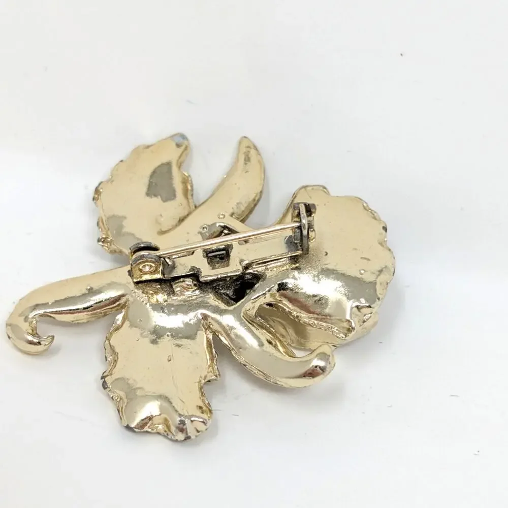Vintage 1950s Floral Brooch Silver Tone Enamel Pink Rhinestone Flower